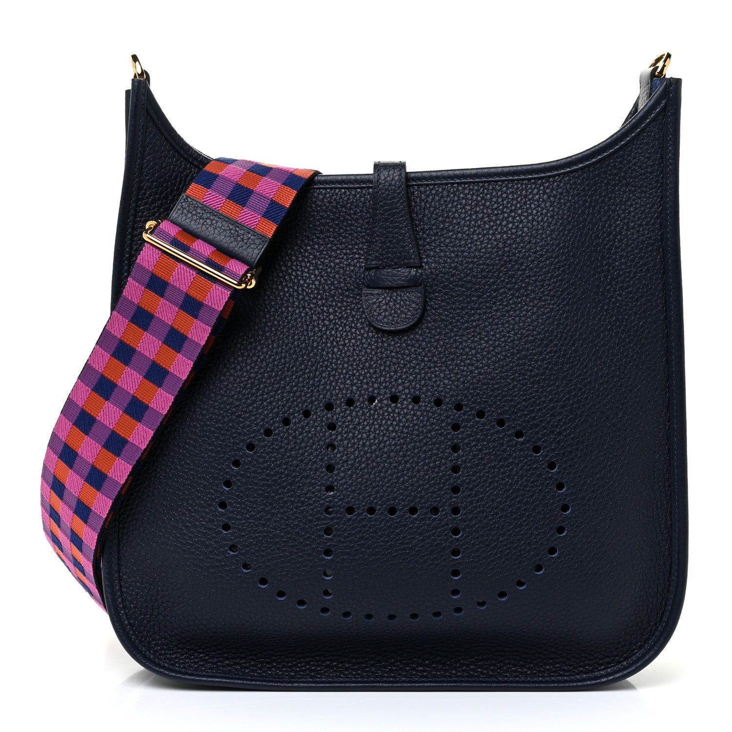 Hermes Taurillon Clemence Quadrille Evelyne III PM Bleu Nuit Bleu Saphir Anemone Capucine 1 of 11