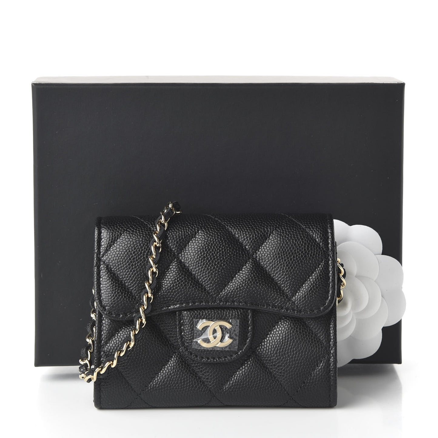 Caviar Quilted Flap Card Holder On Chain Black