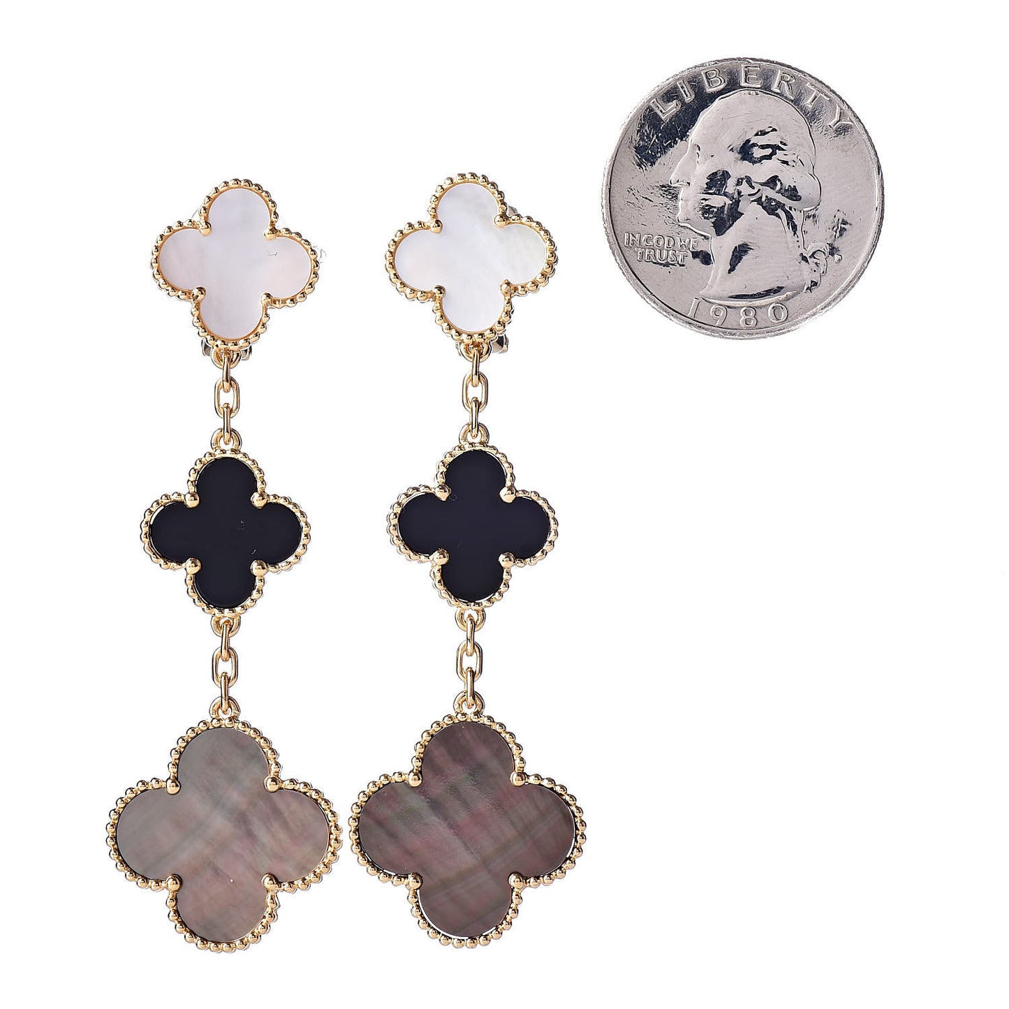 18K Yellow Gold Mother of Pearl Black Onyx 3 Motifs Magic Alhambra Earrings
