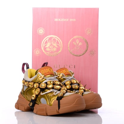 Gucci X SEGA Metallic Calfskin Mesh Removable Crystals Womens Flashtrek Sneakers 39 Oro Vecchio Mystic White Silver 19 of 19