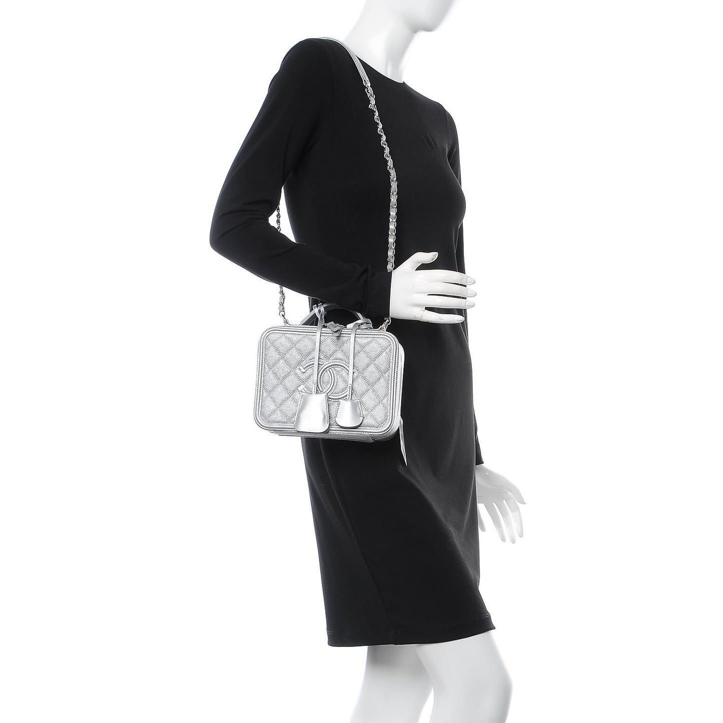 Metallic Caviar Quilted Medium CC Filigree Vanity Case Silver