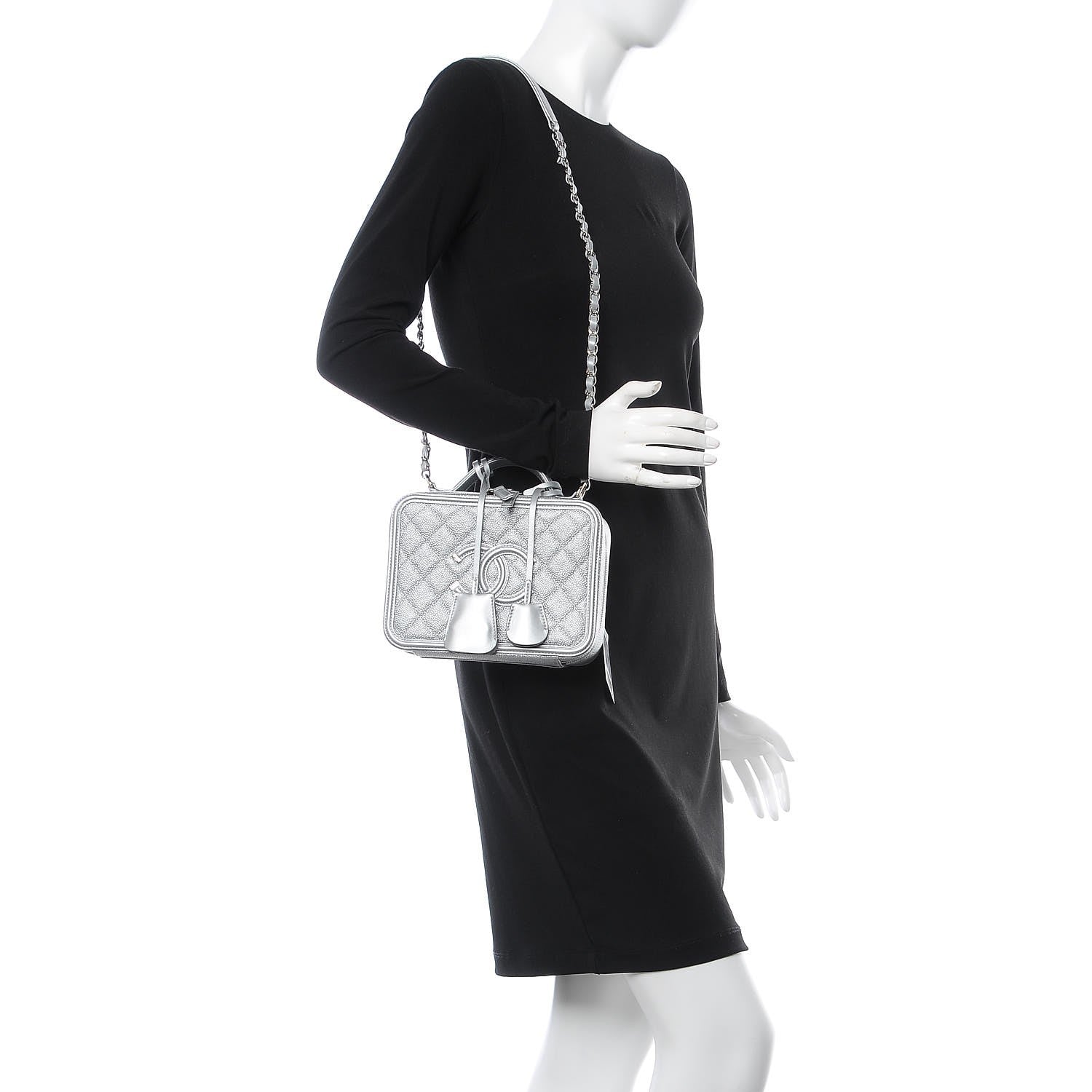 Chanel Metallic Caviar Quilted Medium CC Filigree Vanity Case Silver 2 of 8