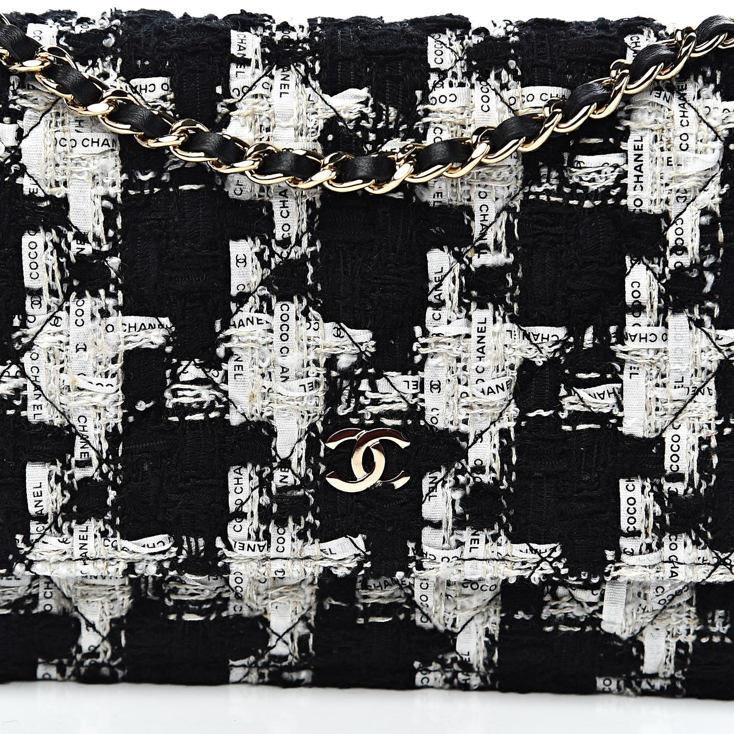 Tweed Quilted Wallet On Chain WOC Black Ecru White