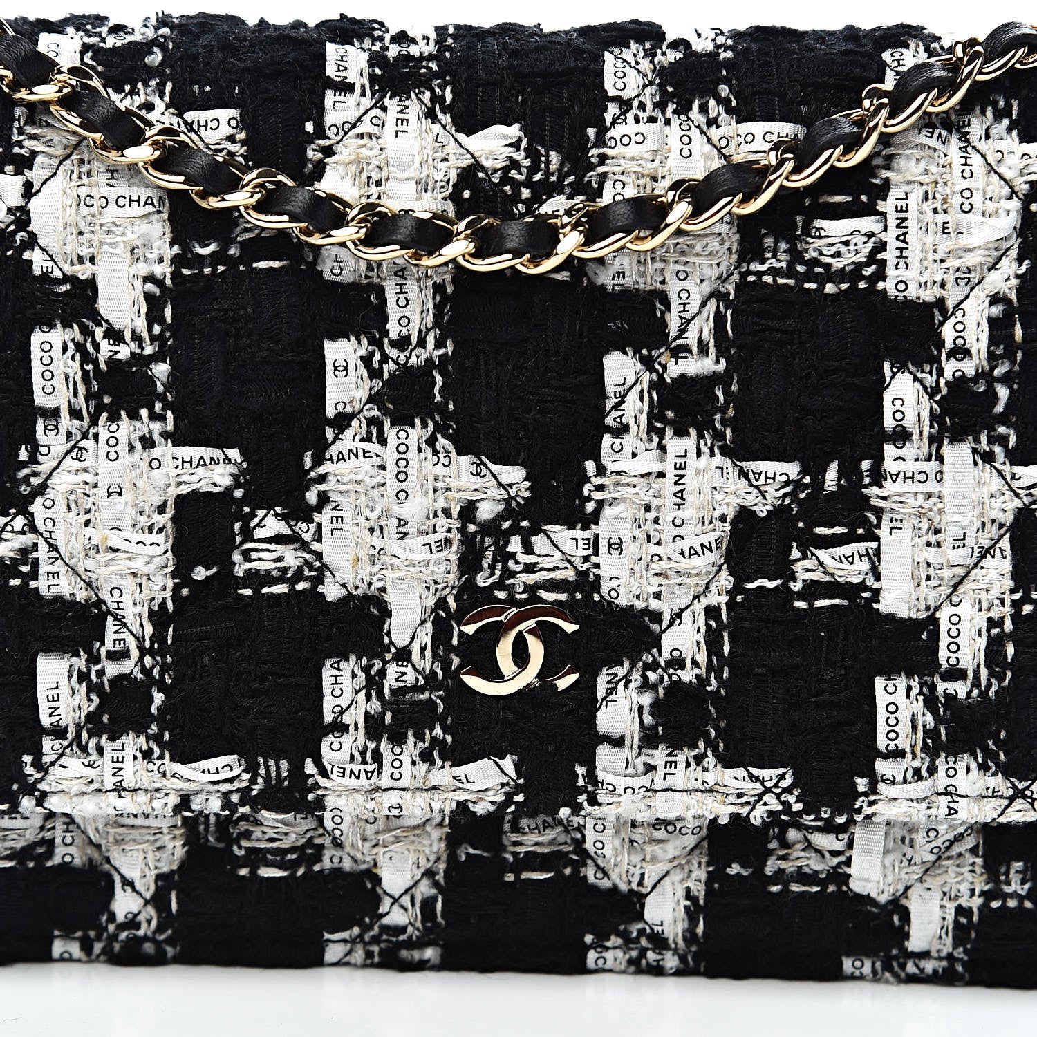 Chanel Tweed Quilted Wallet On Chain WOC Black Ecru White 10 of 11