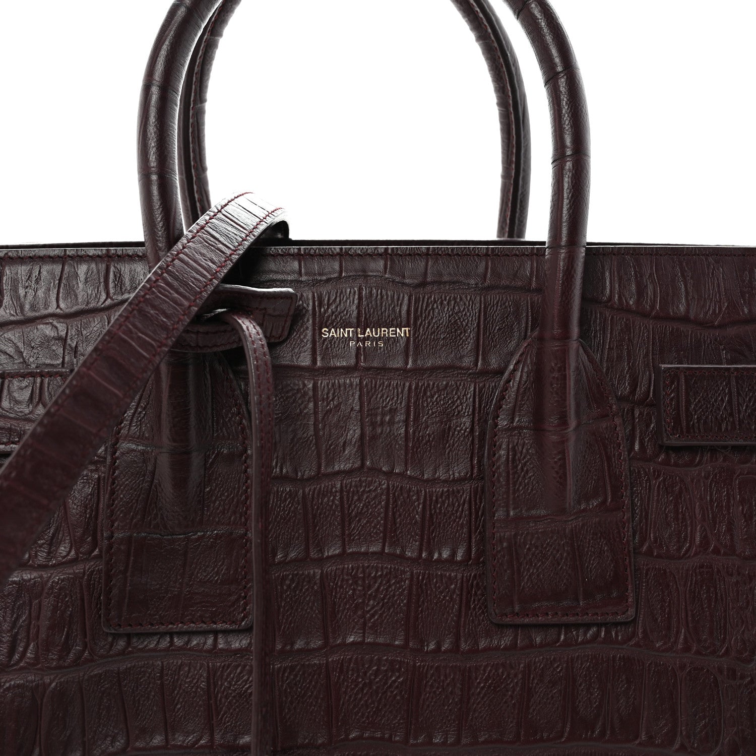 Saint Laurent Calfskin Crocodile Embossed Small Sac De Jour Amarena 7 of 9