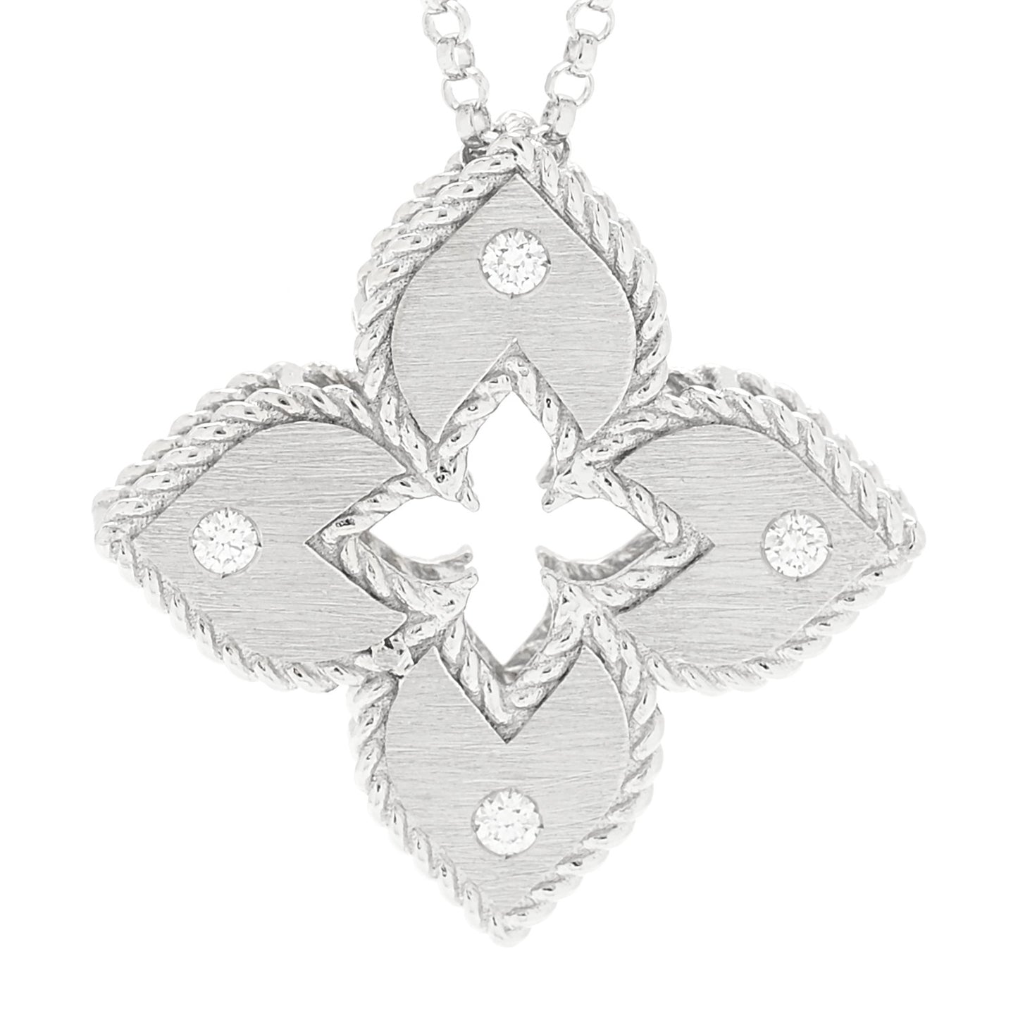 18K White Gold Diamond Petite Venetian Princess Flower Pendant Necklace