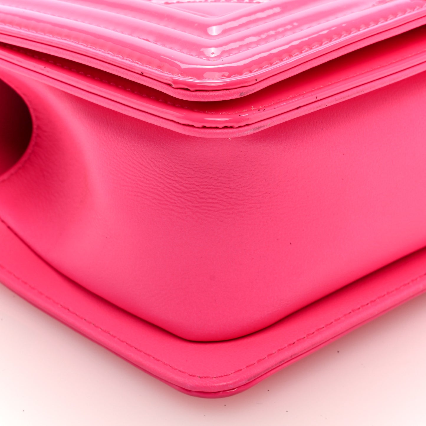 Patent Calfskin Chevron Quilted Small Boy Flap Neon Pink