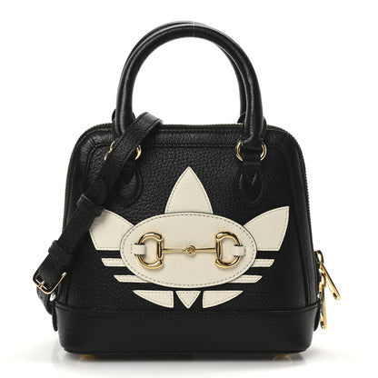 Gucci X ADIDAS Textured Dollar Calfskin Web Trefoil Mini Horsebit 1955 Top Handle Bag Black Off White 1 of 10