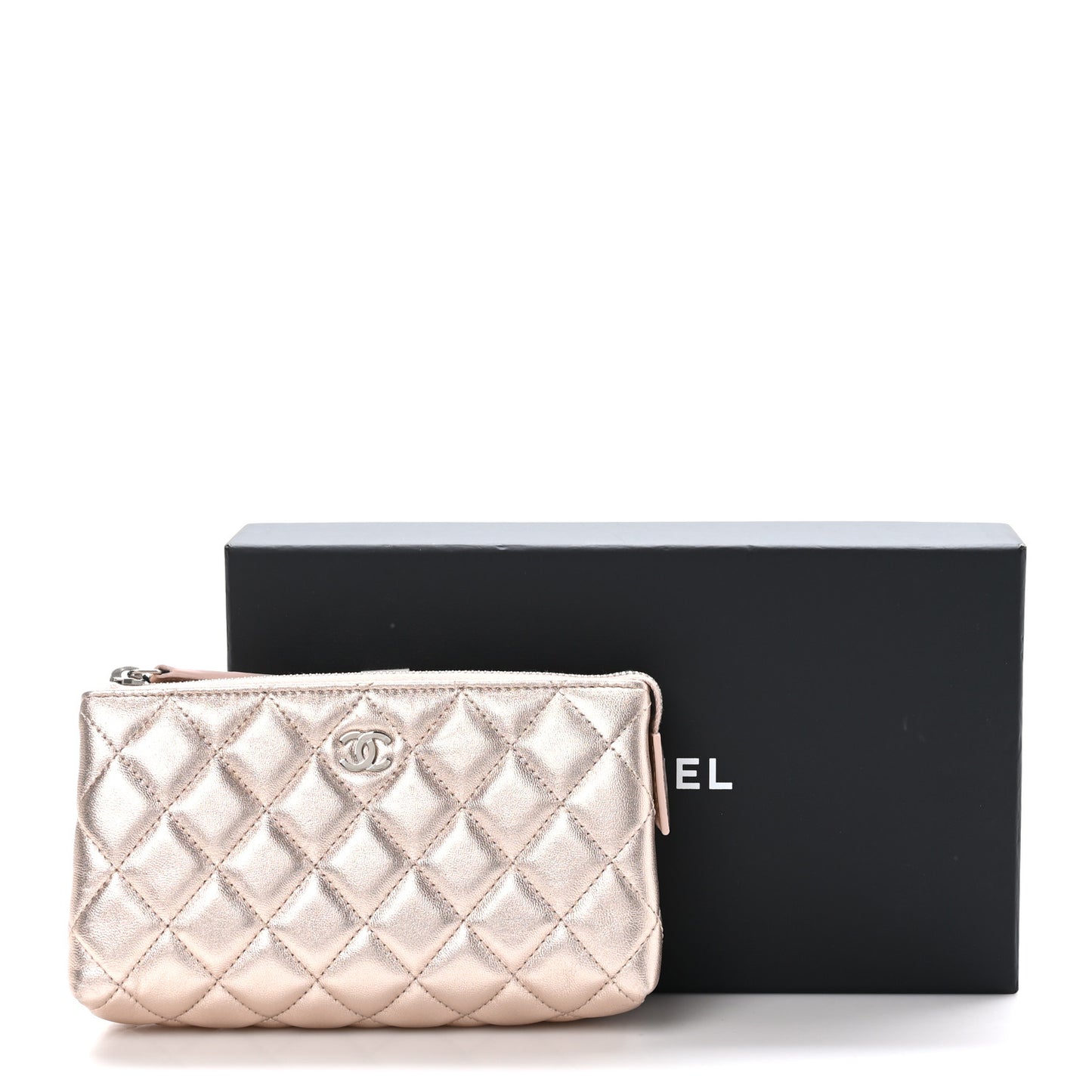 Metallic Lambskin Quilted Cosmetic Pouch Light Pink