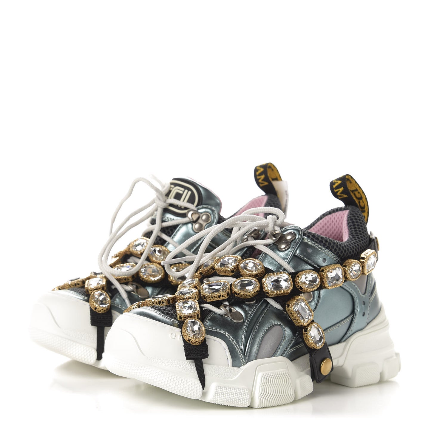 X SEGA Metallic Calfskin Removable Crystals Womens Flashtrek Sneakers 35.5 Lago Loess Silver