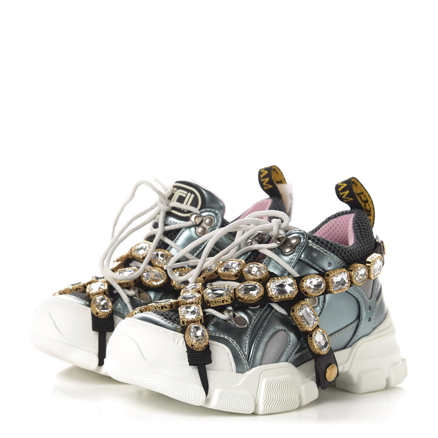 Gucci X SEGA Metallic Calfskin Removable Crystals Womens Flashtrek Sneakers 35.5 Lago Loess Silver 3 of 8