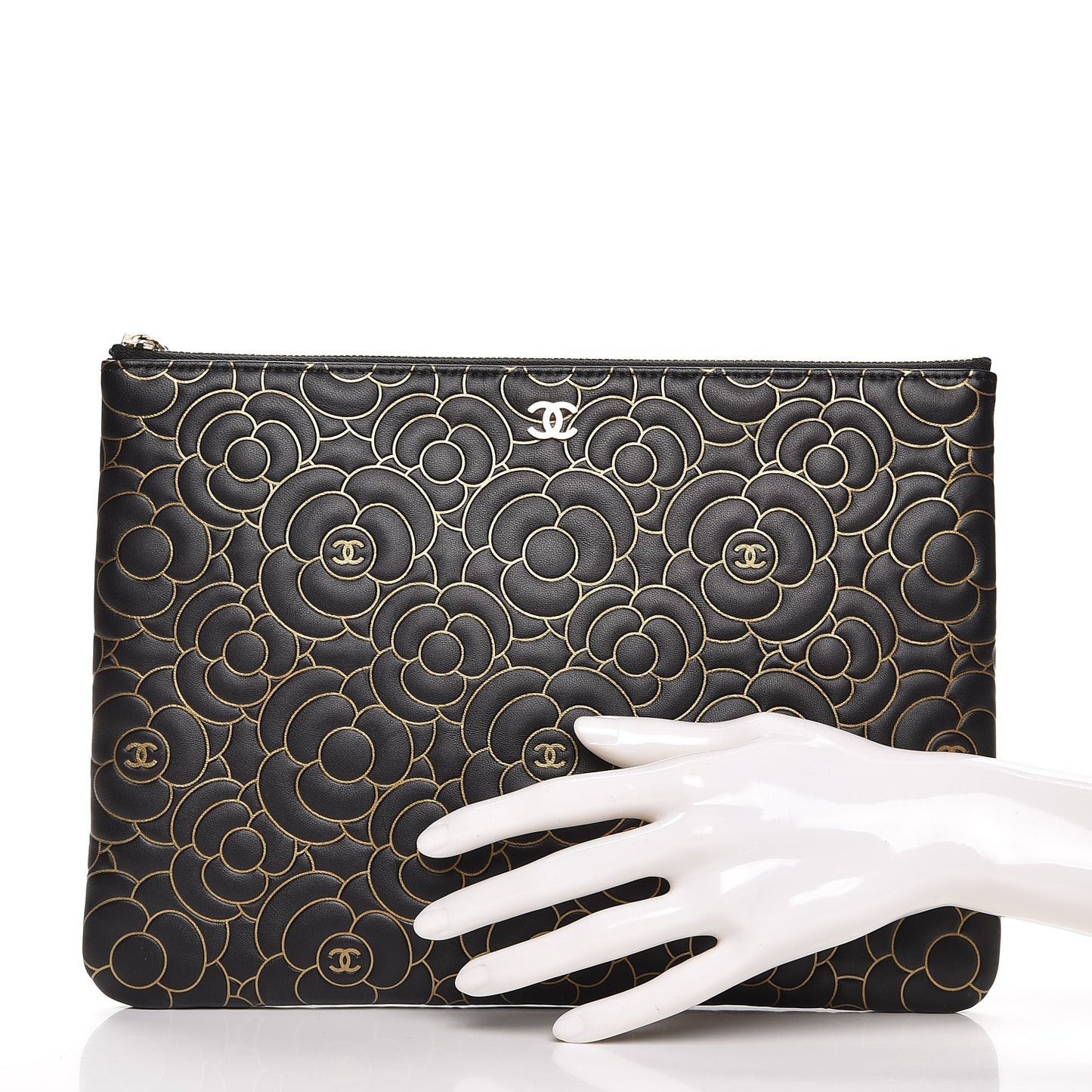 Lambskin Camellia Embossed Medium Cosmetic Case Black Gold