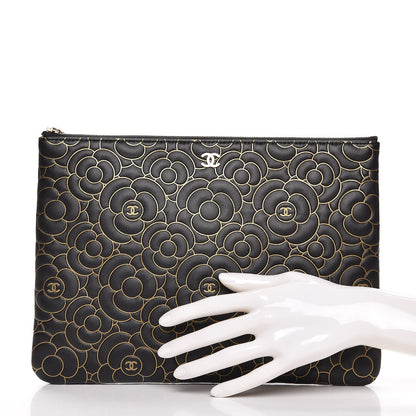 Chanel Lambskin Camellia Embossed Medium Cosmetic Case Black Gold 2 of 7
