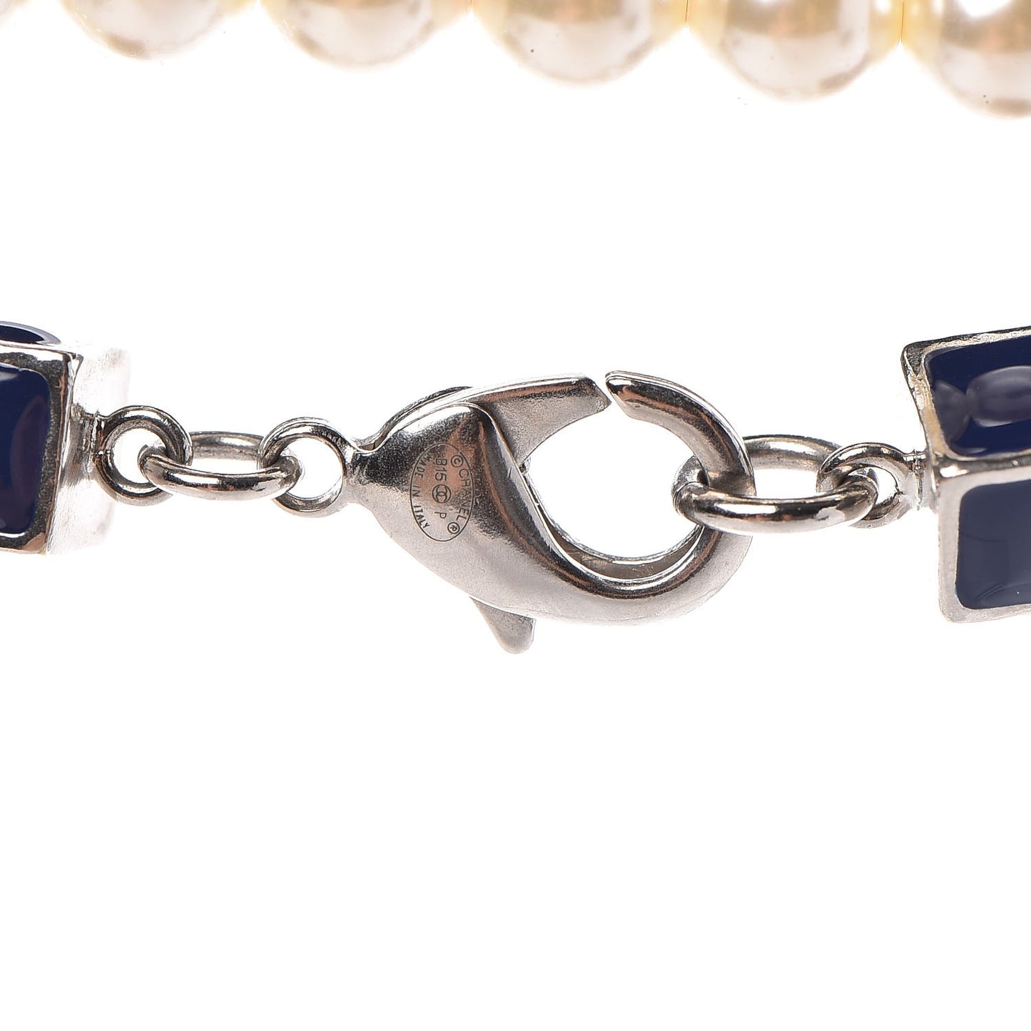 Pearl Bead Enamel CC Long Necklace Pearly White Blue