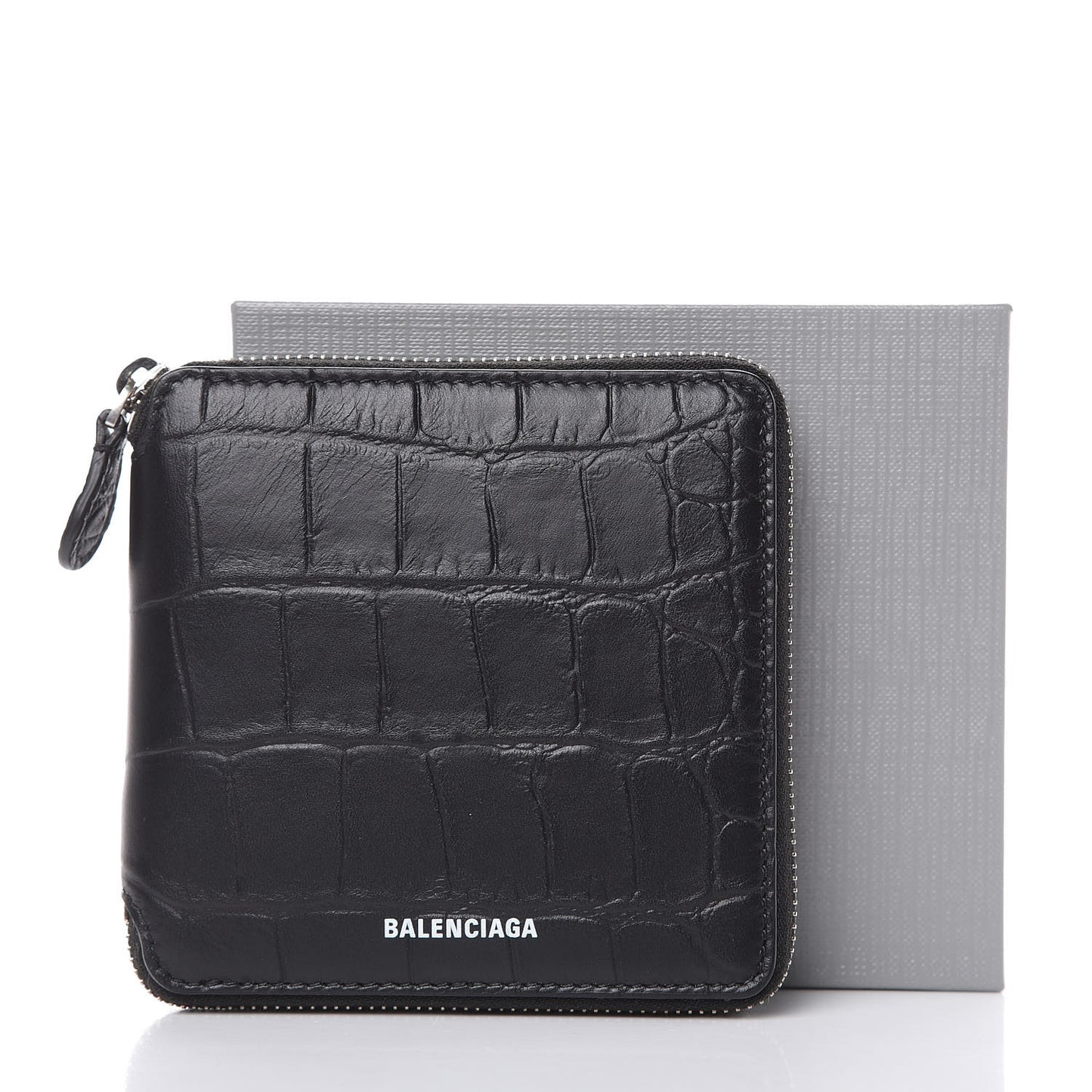 Calfskin Logo Crocodile Embossed Zip Around Wallet Black