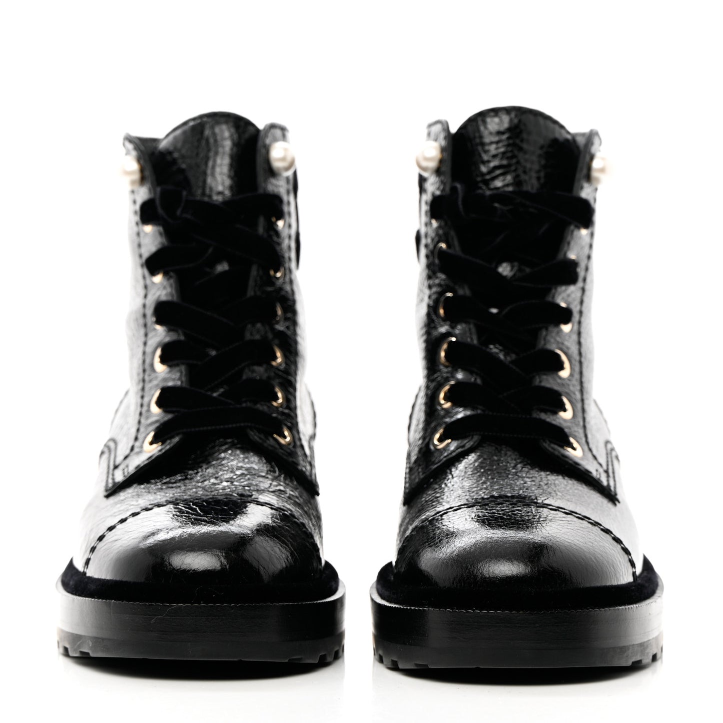 Shiny Calfskin Velvet Pearl Combat Short Boots 37.5 Black
