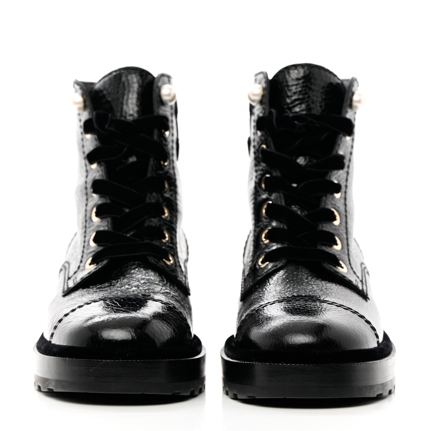Chanel Shiny Calfskin Velvet Pearl Combat Short Boots 37.5 Black 2 of 10