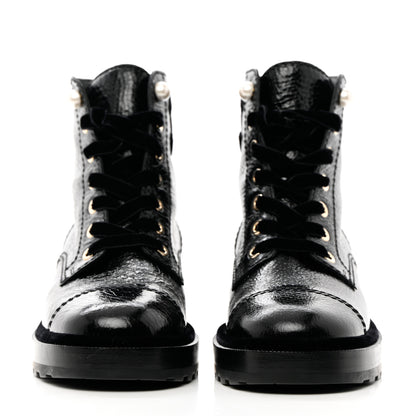 Chanel Shiny Calfskin Velvet Pearl Combat Short Boots 37.5 Black 2 of 10