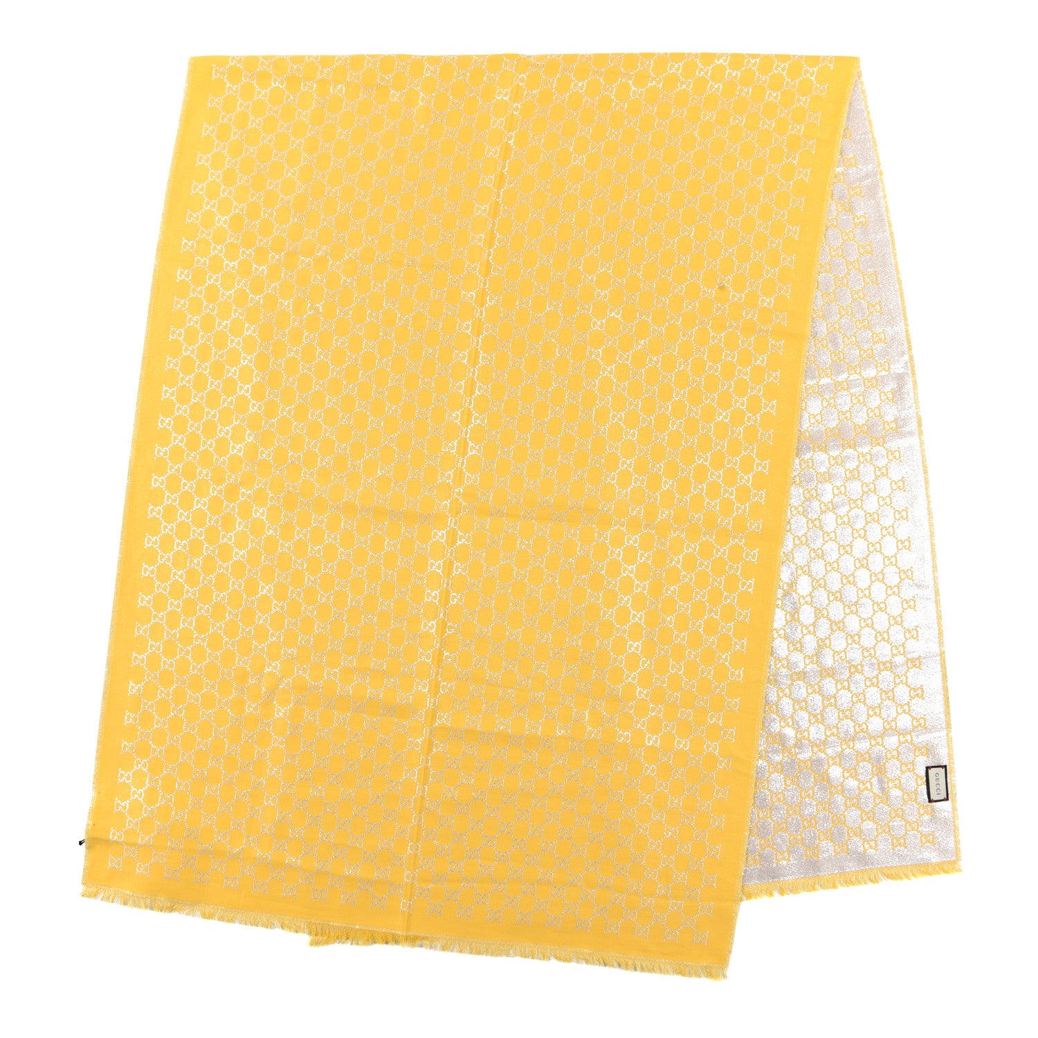 Gucci Cotton Lame GG Monogram Argentavio Fringe Scarf Lemon Light Grey 2 of 5