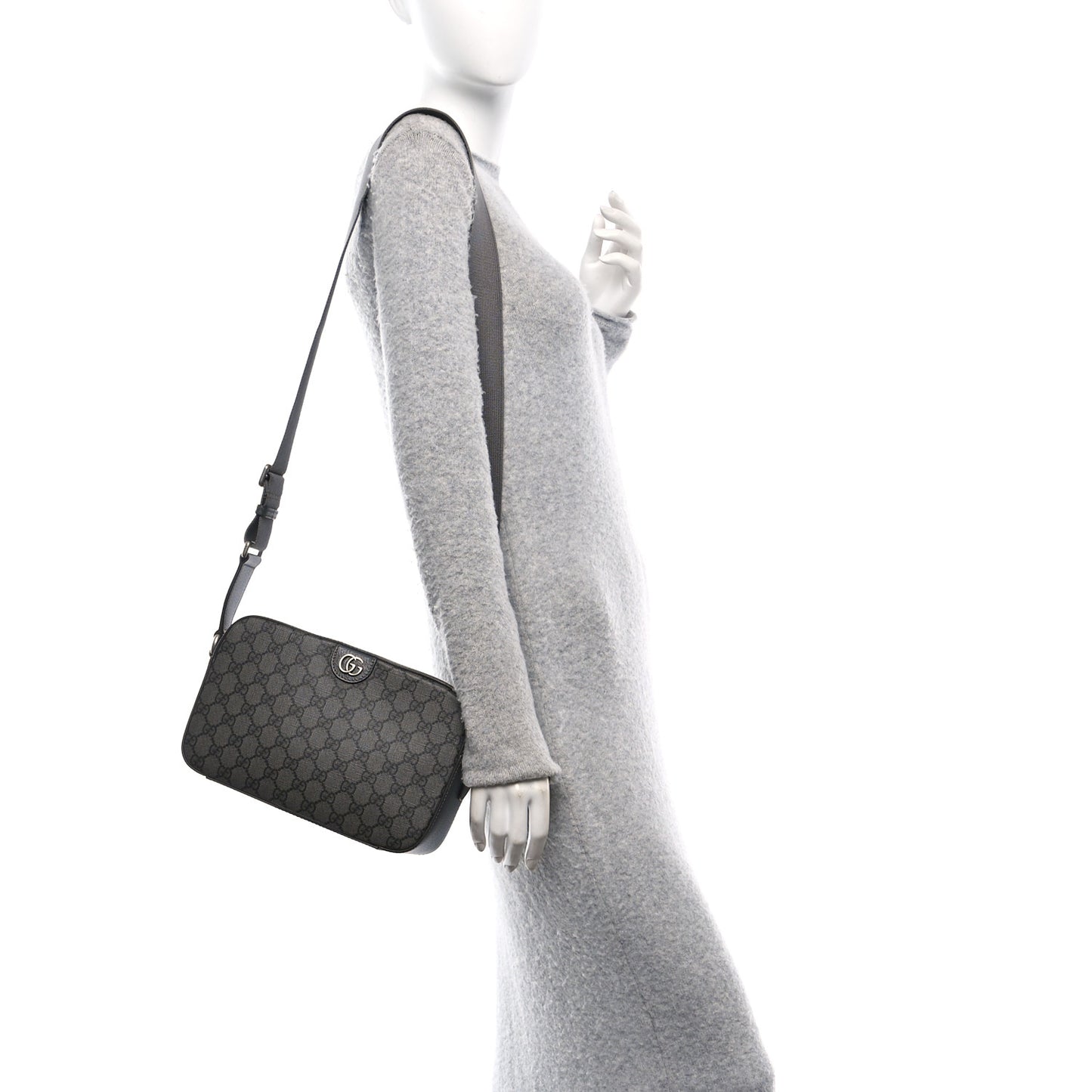 GG Supreme Monogram Textured Dollar Calfskin Ophidia Shoulder Bag Grey Black Graphite Grey