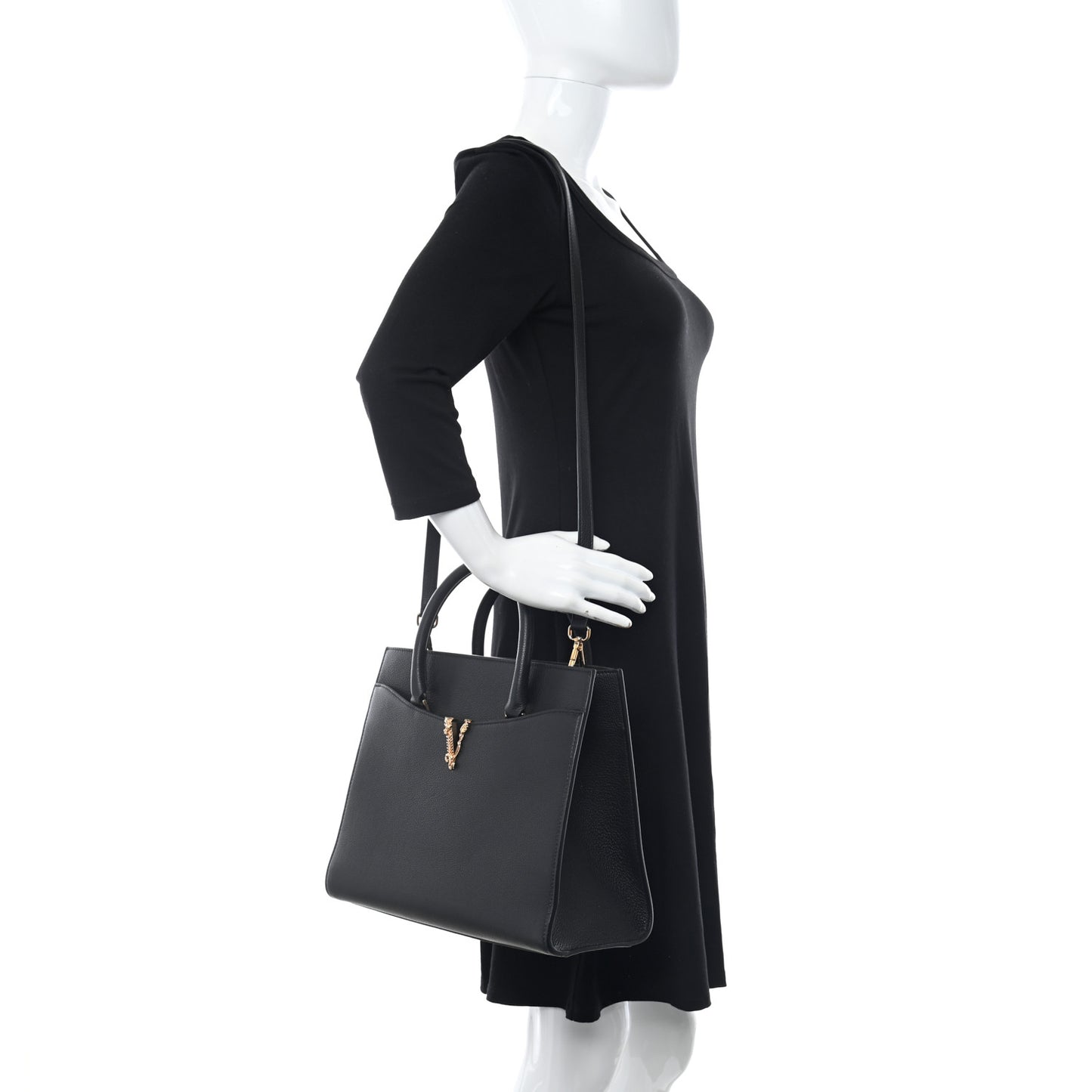 Grained Calfskin Large Virtus Top Handle Shoulder Bag Black