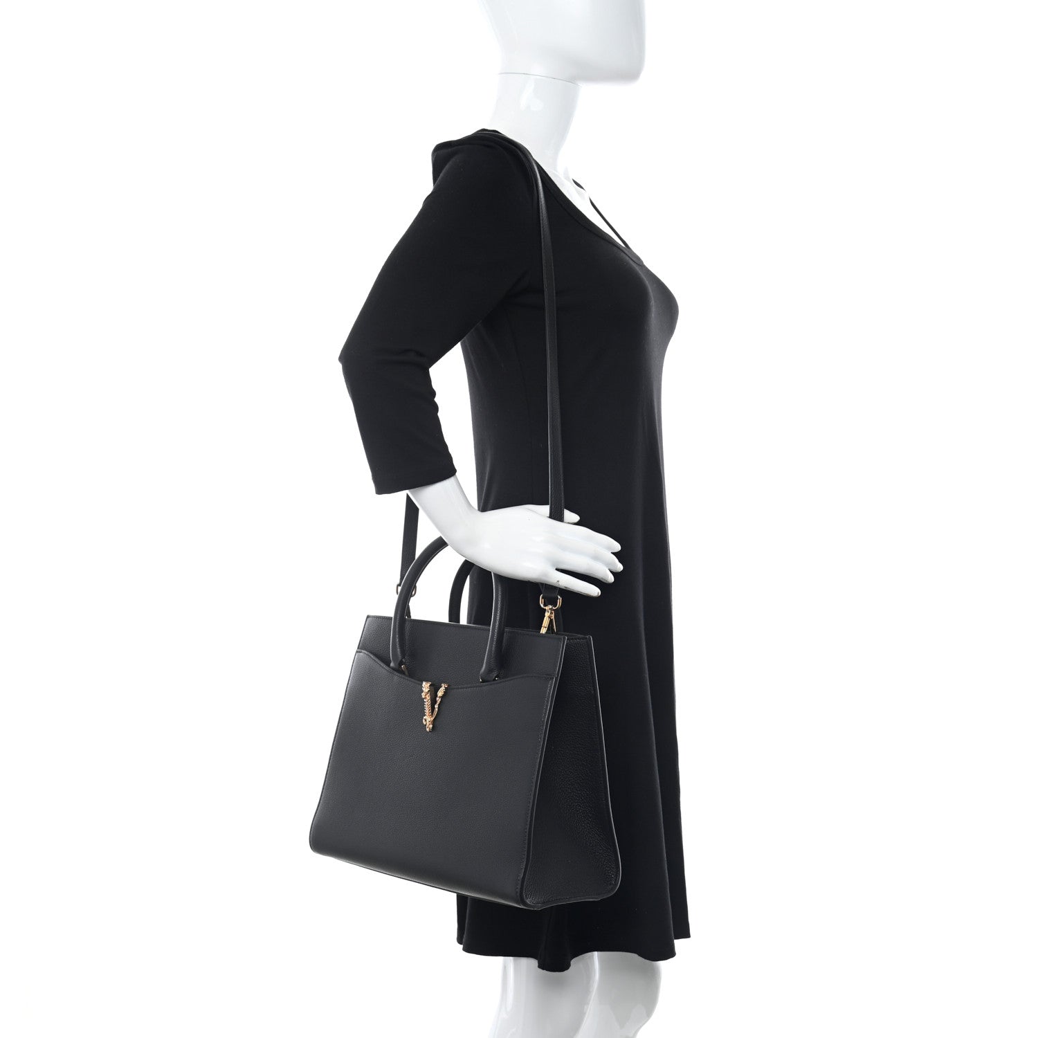 Versace Grained Calfskin Large Virtus Top Handle Shoulder Bag Black 2 of 12