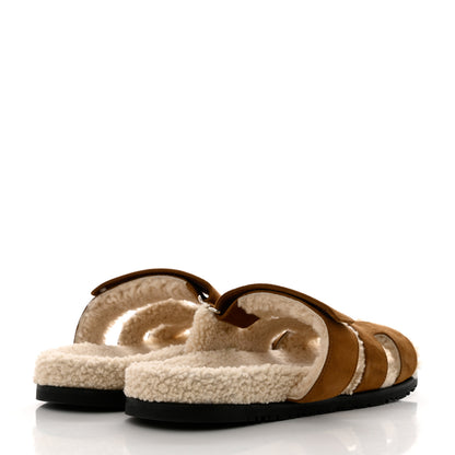 Hermes Suede Goatskin Woolskin Mens Chypre Sandals 44 Brun Fume Ecru 4 of 9