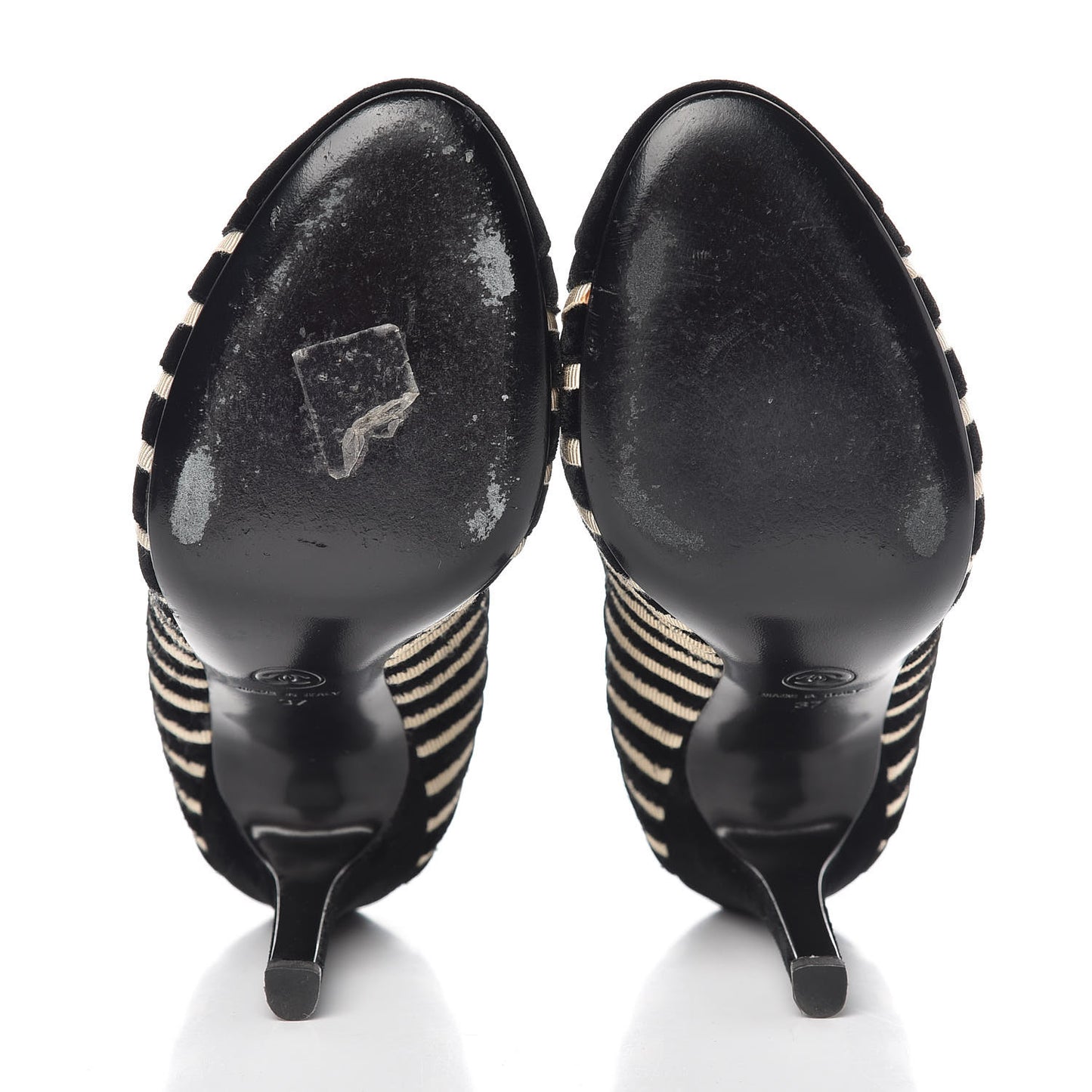Velvet Stripe Cap Toe Pumps 37 Black Beige