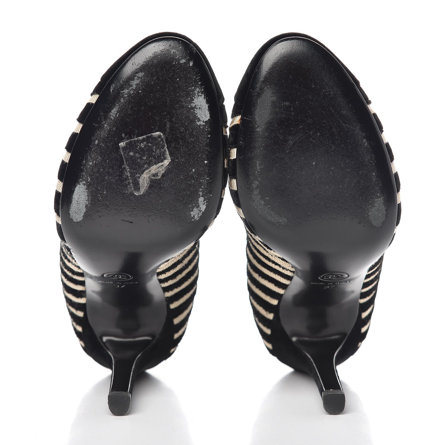 Chanel Velvet Stripe Cap Toe Pumps 37 Black Beige 7 of 12