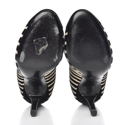 Chanel Velvet Stripe Cap Toe Pumps 37 Black Beige 7 of 12