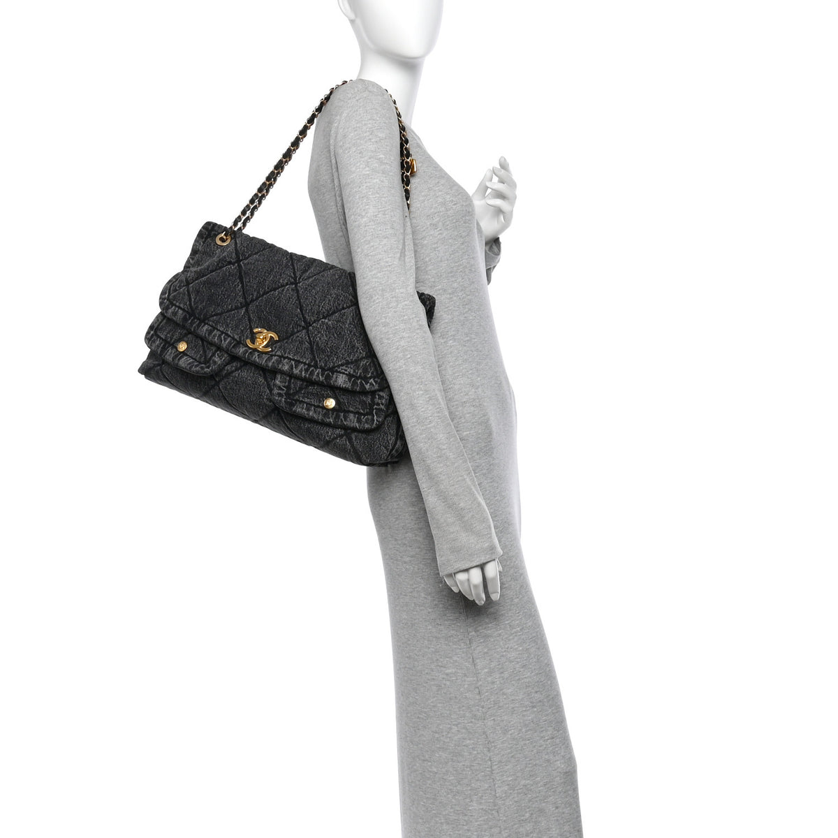 Washed Denim Quilted Maxi Flap Bag Black