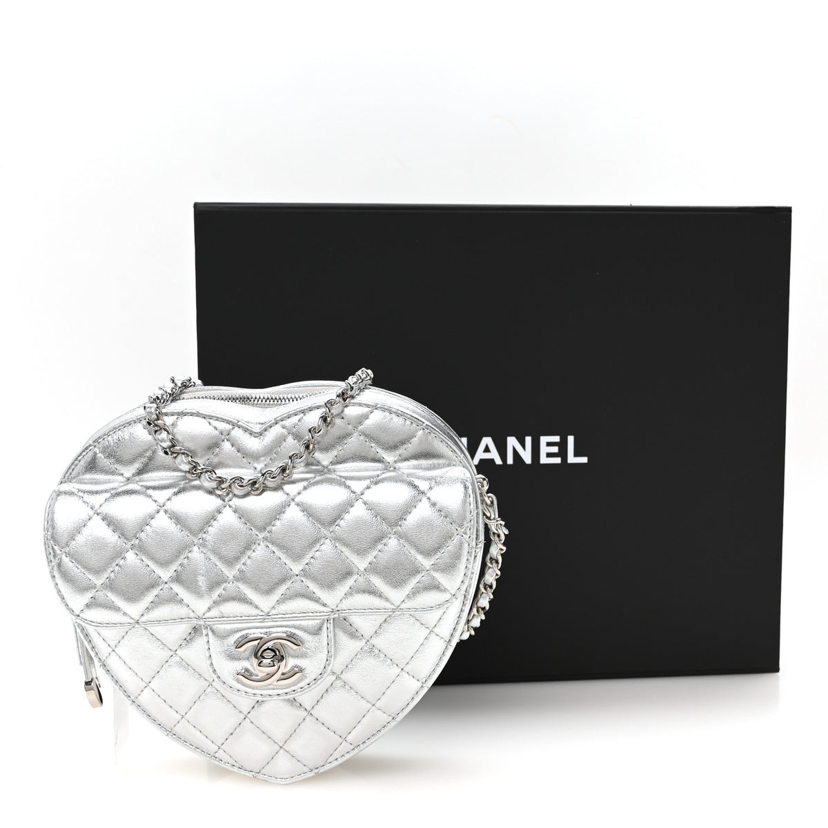 Metallic Lambskin Quilted Large CC In Love Heart Bag Silver