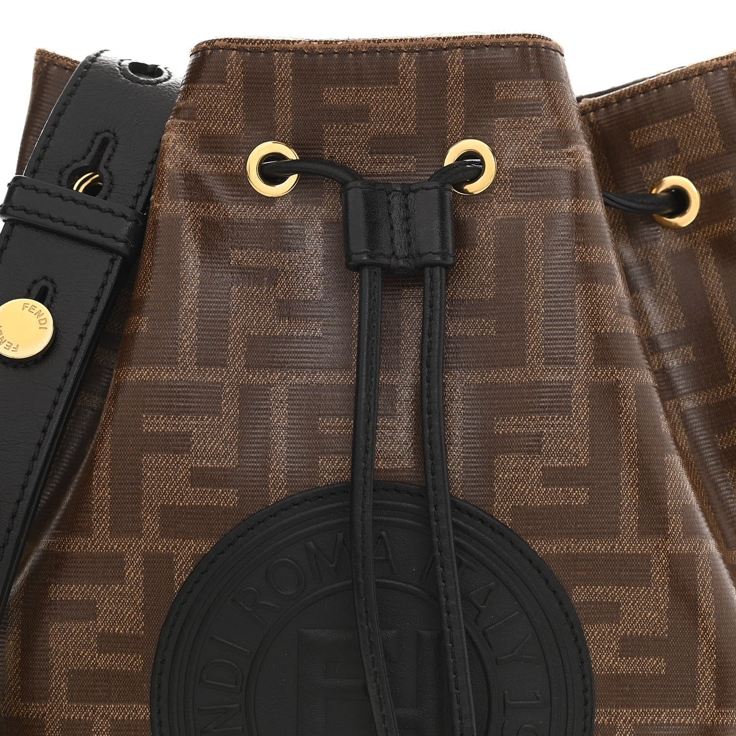 Fendi Glazed Fabric Vitello Grace F is Fendi FF 1974 Stamp Patch Grande Mon Tresor Bucket Bag Mogano Panna Black 11 of 11
