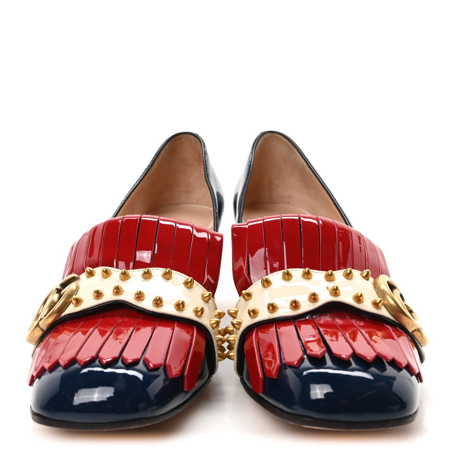 Gucci Vernice Studded GG Marmont Fringe 50mm Loafer Pumps 37.5 Blue Agata Hibiscus Red Mystic White 3 of 9
