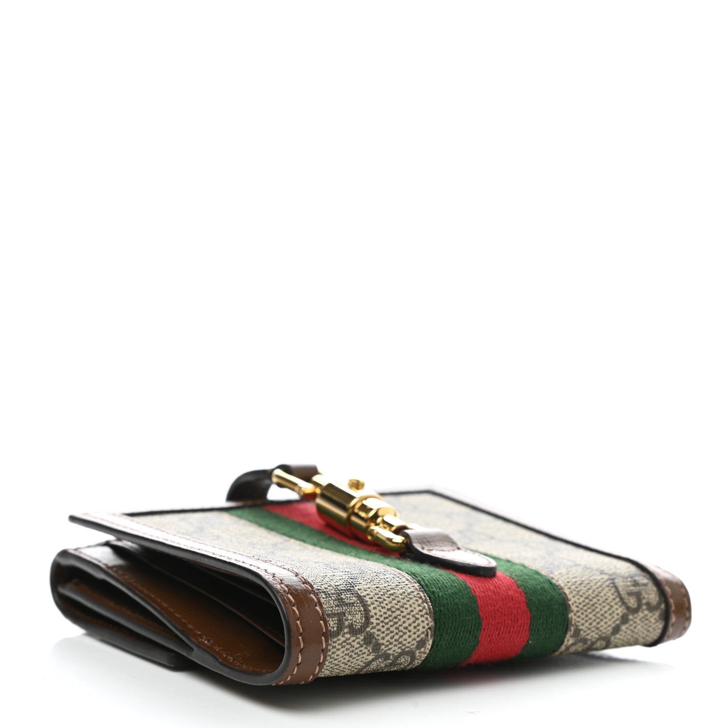 Gucci GG Supreme Monogram Textured Calfskin Web Jackie 1961 French Flap Wallet Beige Ebony Brown Sugar 4 of 9