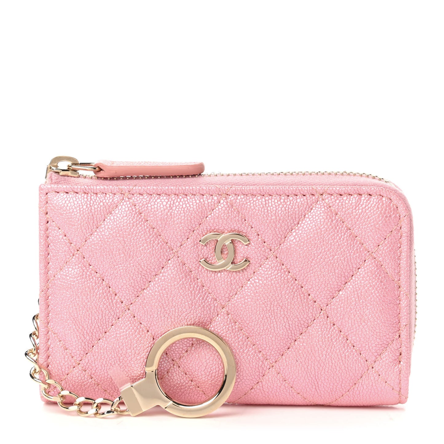 Iridescent Caviar Quilted Zipped Key Holder Case Rose Pink