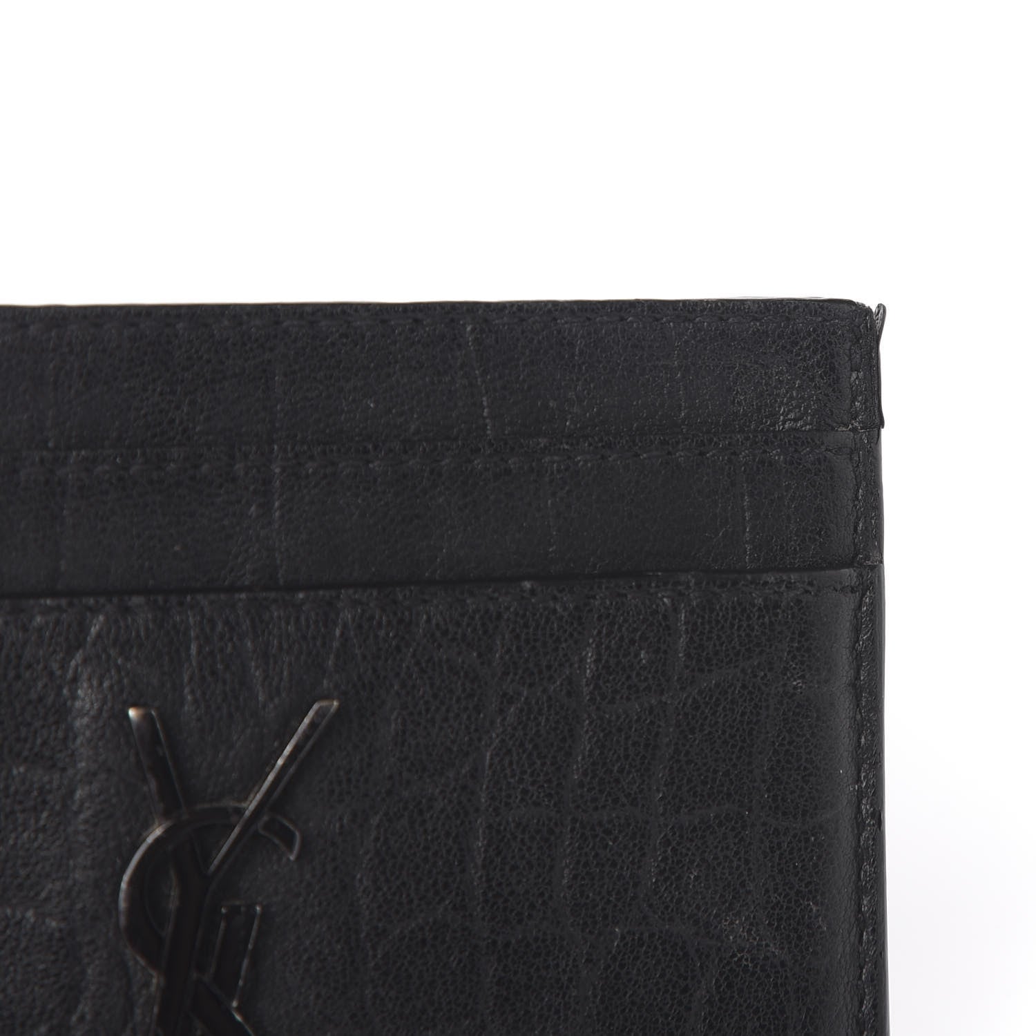 Saint Laurent Calfskin Crocodile Embossed Monogram Credit Card Case Black 8 of 9