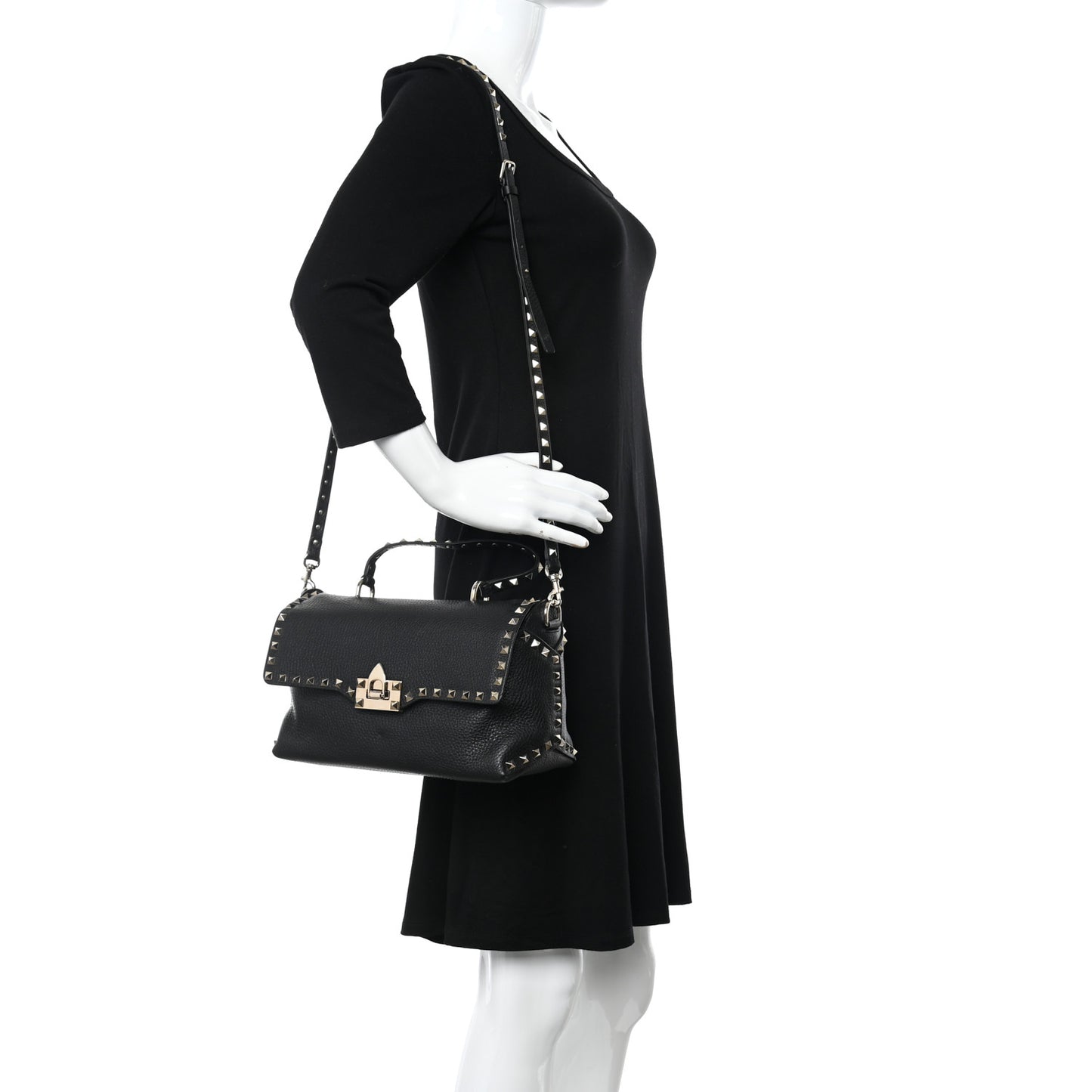 Pebbled Calfskin Rockstud Single Handle Flap Bag Black