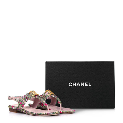 Chanel Tweed CC Logo Thong Sandals 37.5 Green Pink White 11 of 11