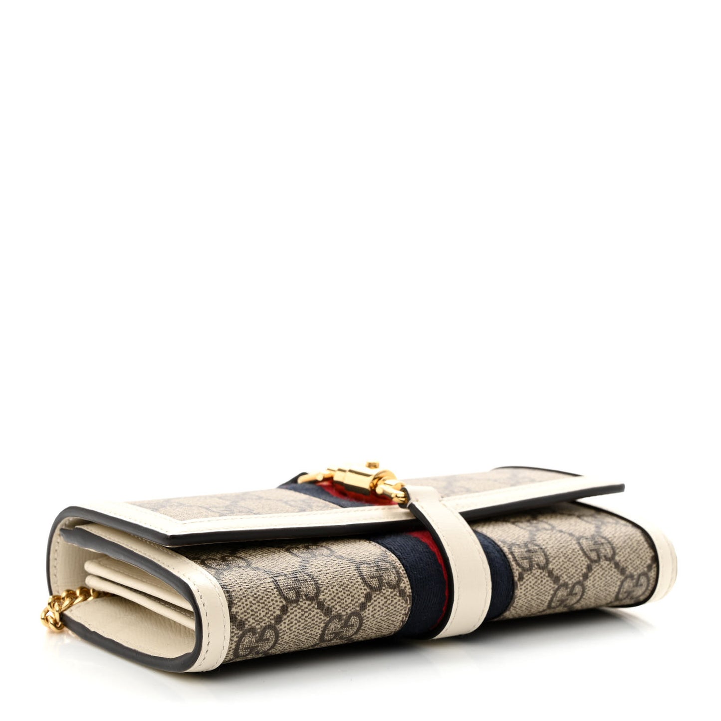 GG Supreme Monogram Textured Calfskin Web Jackie 1961 Chain Wallet Beige Ebony Mystic White