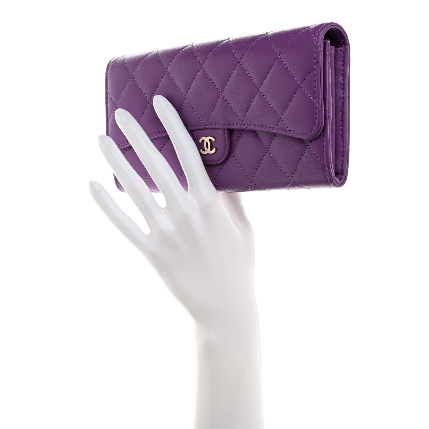 Lambskin Quilted Large Gusset Flap Wallet Purple