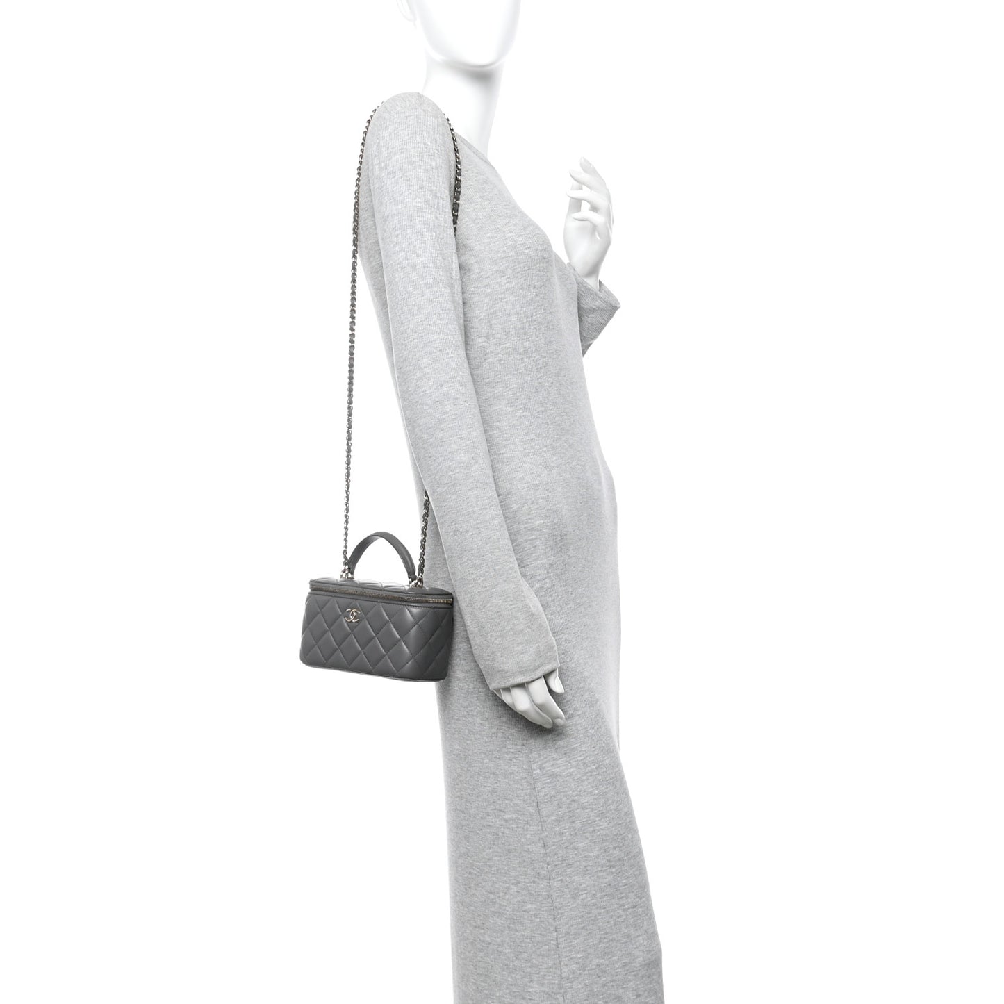 Lambskin Quilted Small Top Handle Vanity Case With Chain Dark Grey