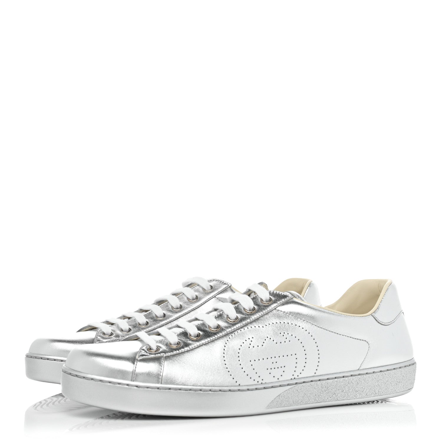 Gucci Metallic Nappa Interlocking G Perforated Mens Ace Sneakers 10 Argento 3 of 10
