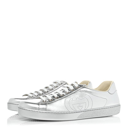 Gucci Metallic Nappa Interlocking G Perforated Mens Ace Sneakers 10 Argento 3 of 10