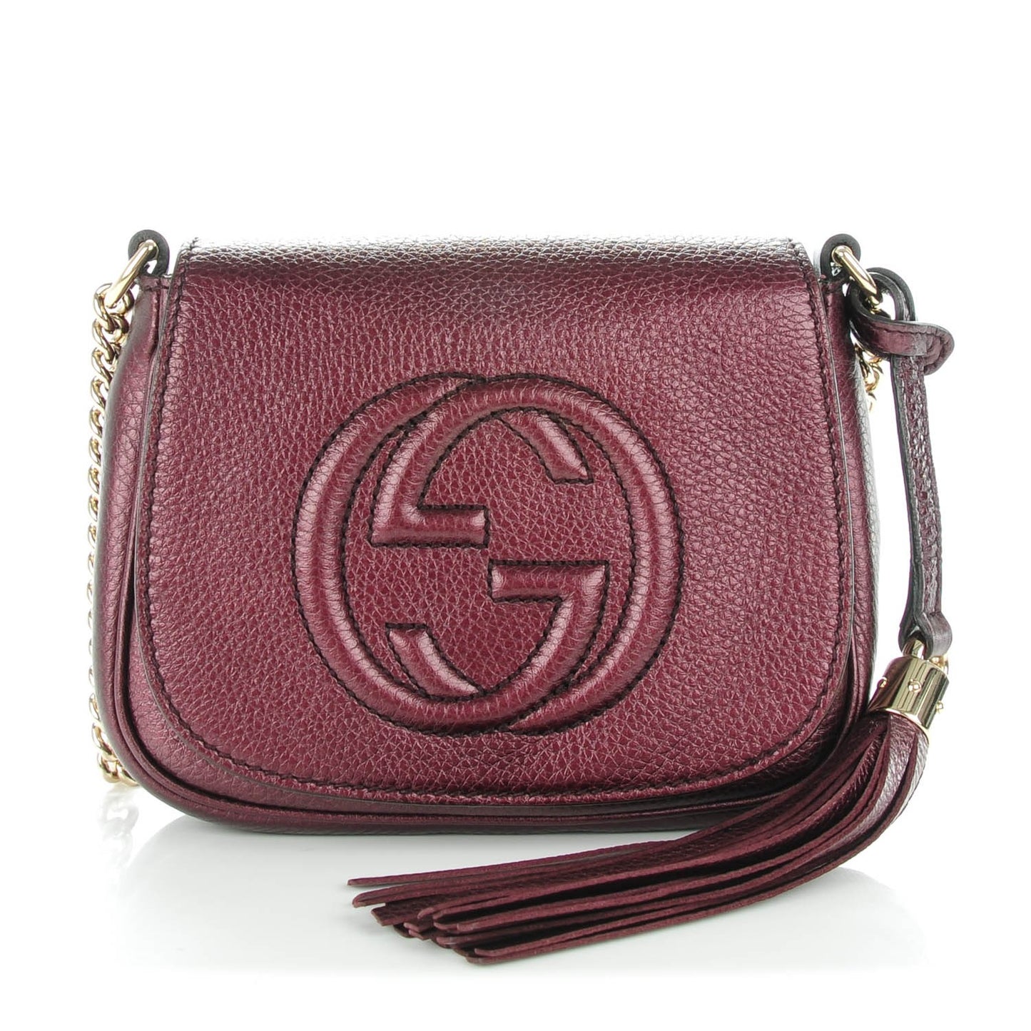 Metallic Pebbled Calfskin Small Soho Flap Crossbody Burgundy