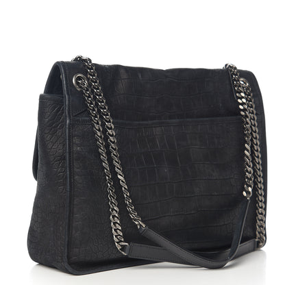 Saint Laurent Nubuck Crocodile Embossed Monogram Medium Niki Chain Satchel Black 2 of 9