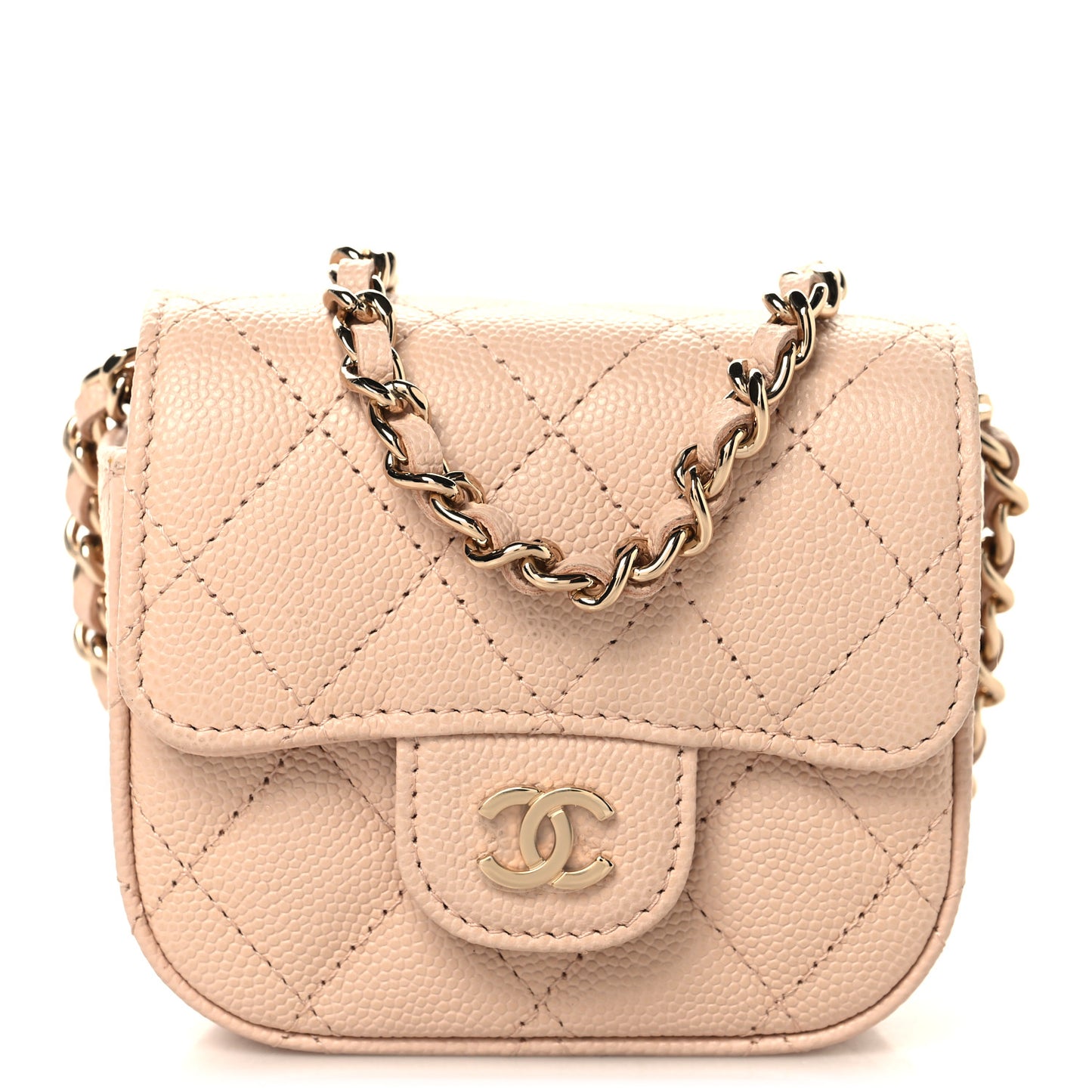 Caviar Quilted Mini Clutch With Chain Light Beige
