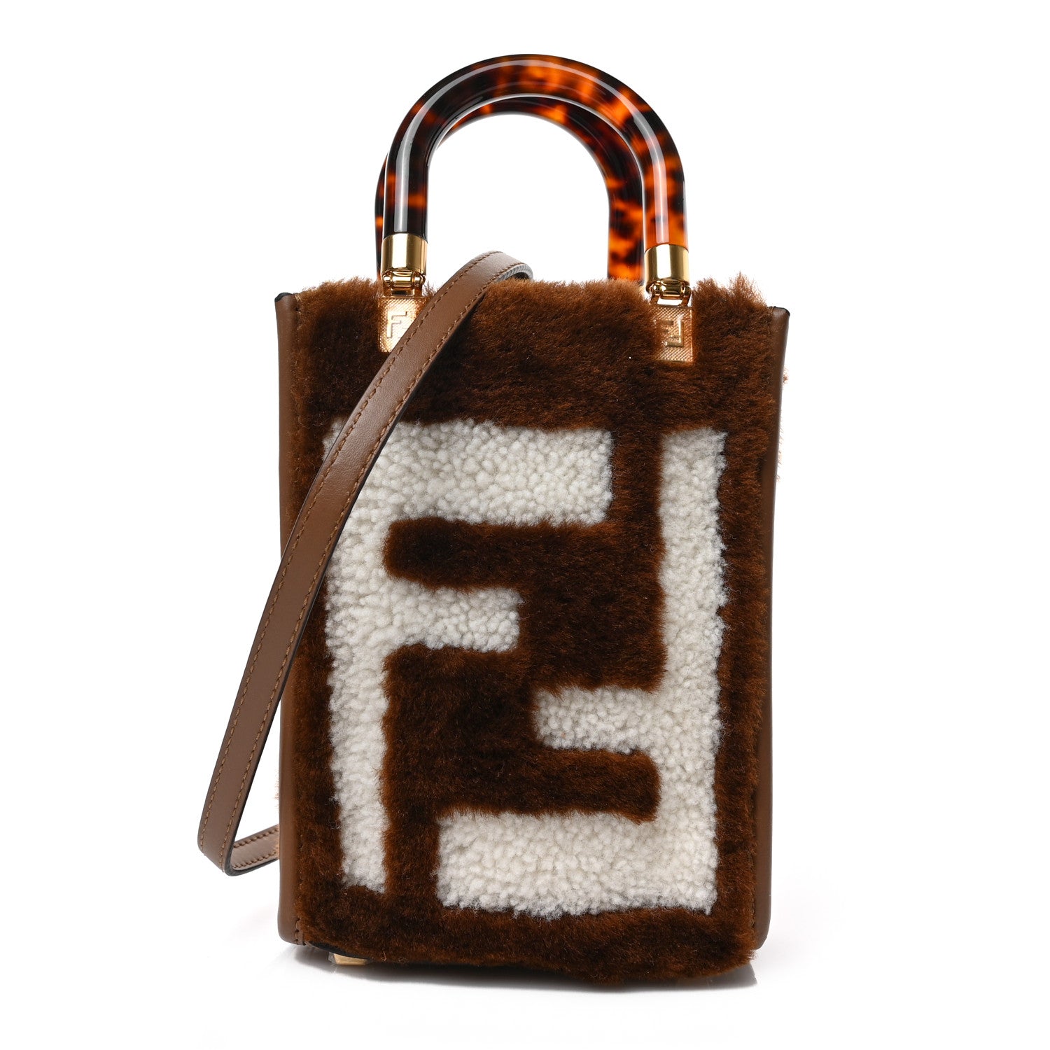 Fendi Shearling Plexiglass FF Mini Fendi Sunshine Shopper Tote Forresta White 1 of 8