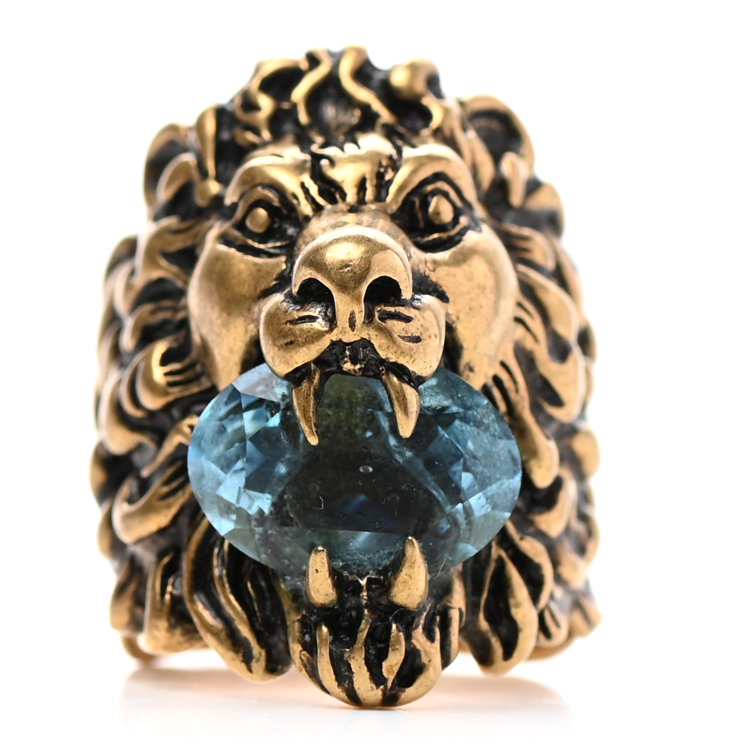 Gucci Metal Crystal Lion Head Ring 58 8.25 Aged Gold 1 of 5