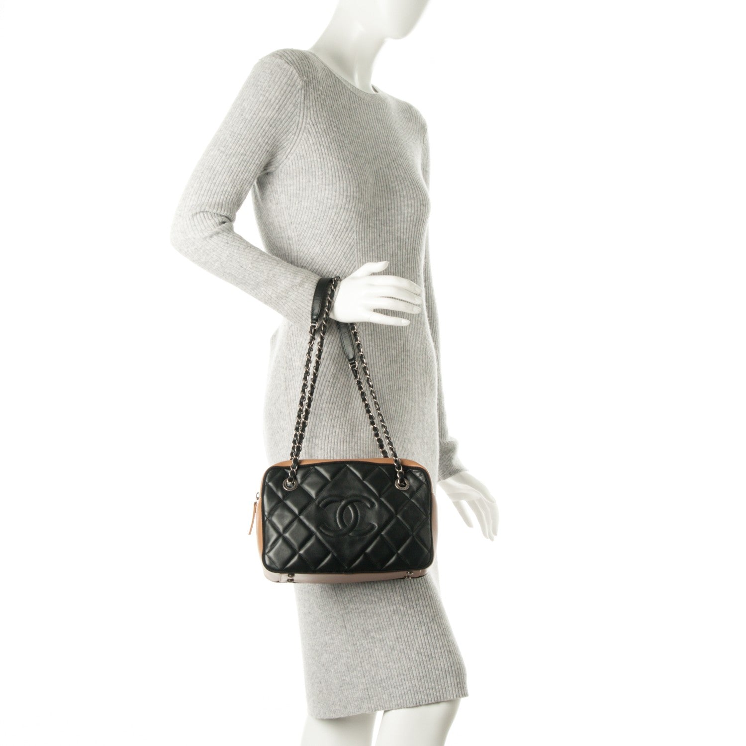 Chanel Lambskin Quilted Small Ballerine Camera Case Black Beige 2 of 8